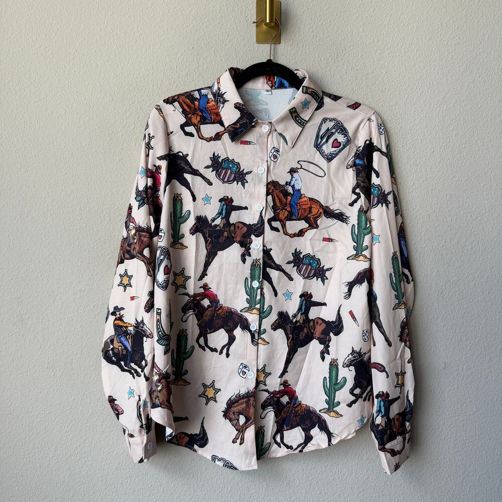 Western Print Button Down Blouse Size M - Picture 2 of 6